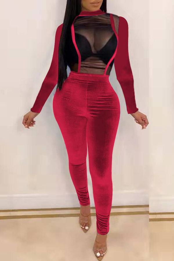 

Lovely Sexy Patchwork Wine Red One-piece Jumpsuit
