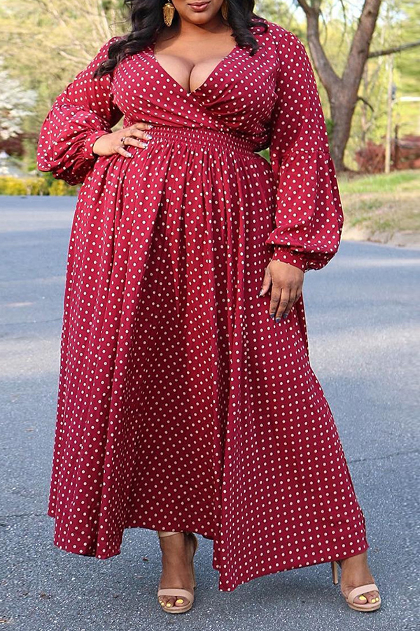 

Lovely Casual Dot Red Plus Size Ankle Length Plus Size Dress