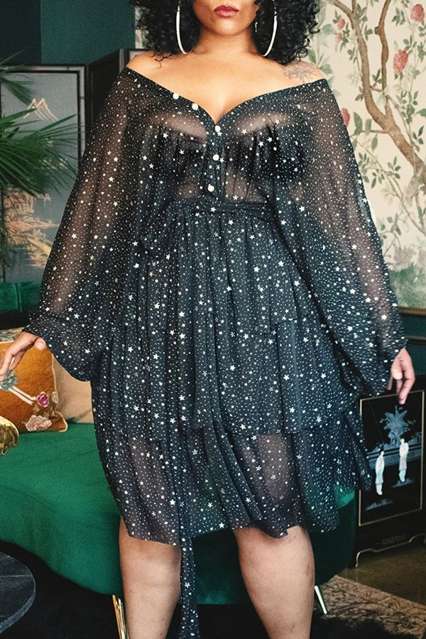 

Lovely Casual Ruffle Design Black Ankle Length Plus Size Dress