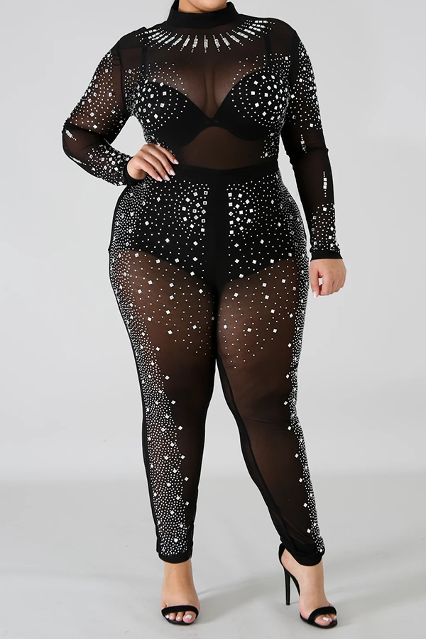 Lovely Casual See Through Black Plus Size One Piece