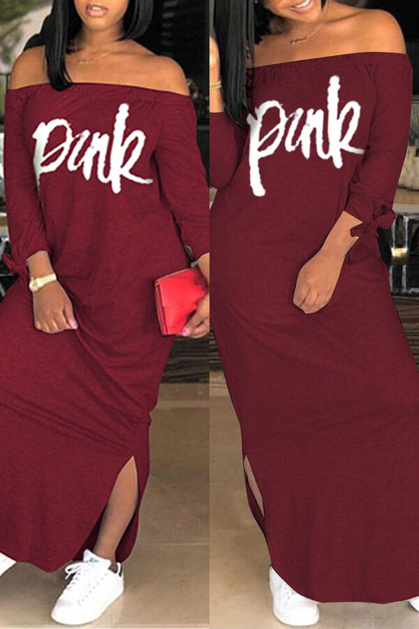 

Lovely Casual Letter Wine Red Ankle Length Dress