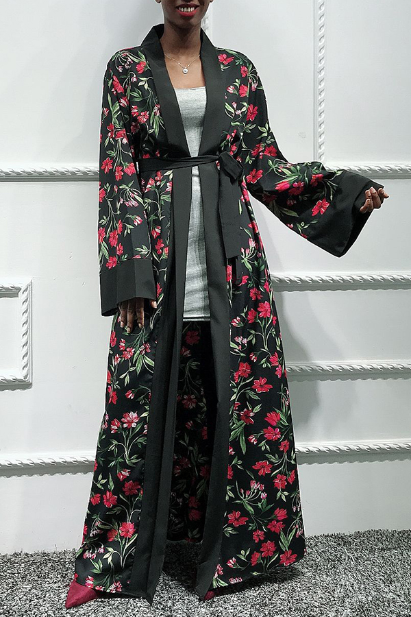 

Lovely Casual Floral Print Black Coat
