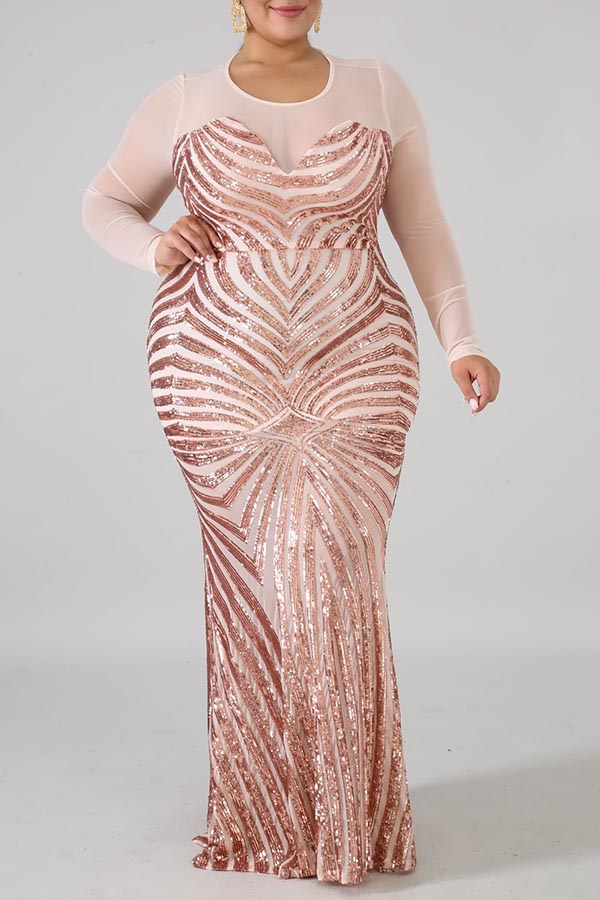 

Lovely Casual See-through Apricot Plus Size Maxi Dress
