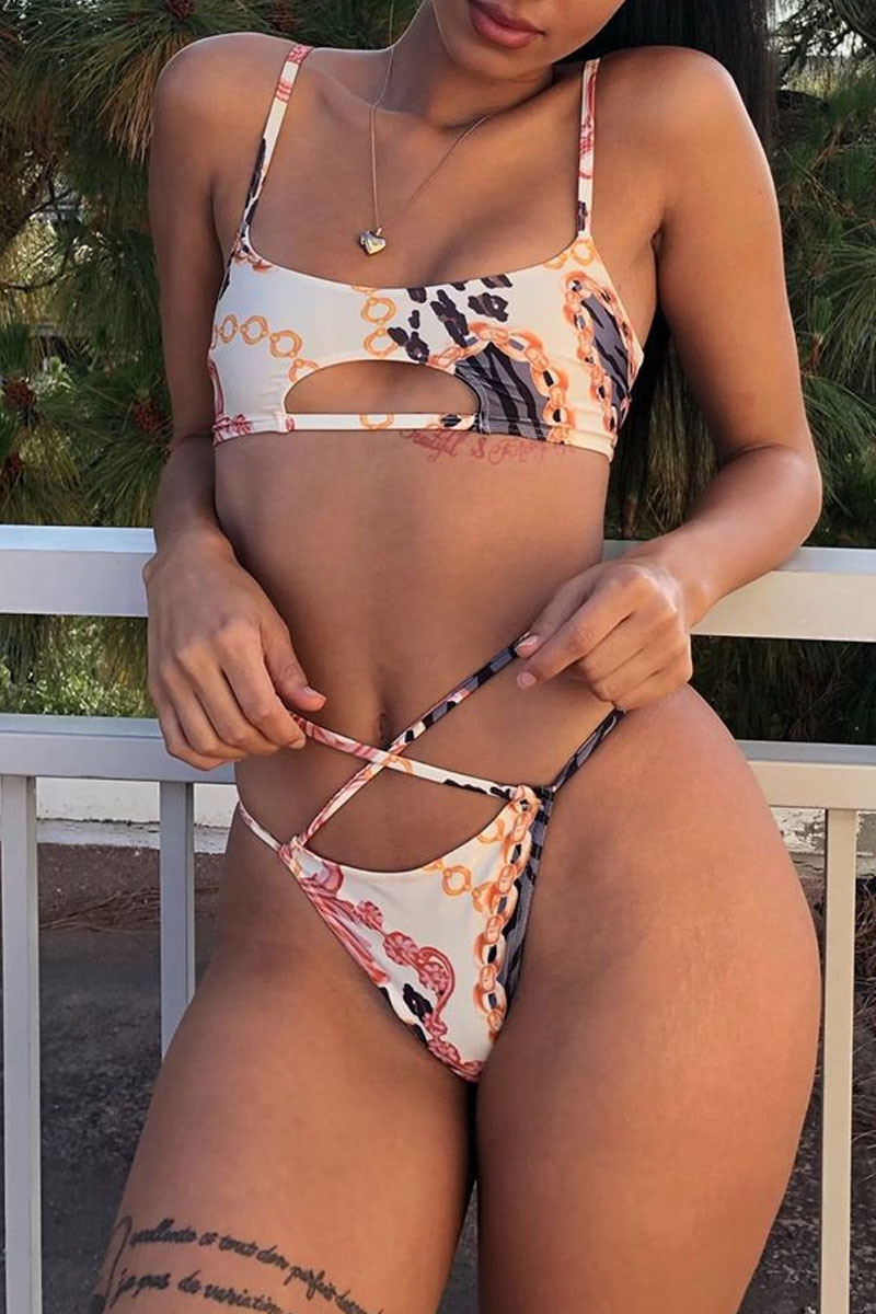 

Lovely Hollow-out Print Multicolor Two-piece Swimsuit, Multi
