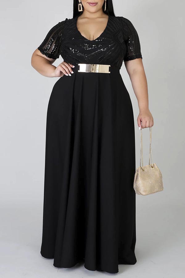 

Lovely Casual U Neck Black Plus Size Maxi Dress