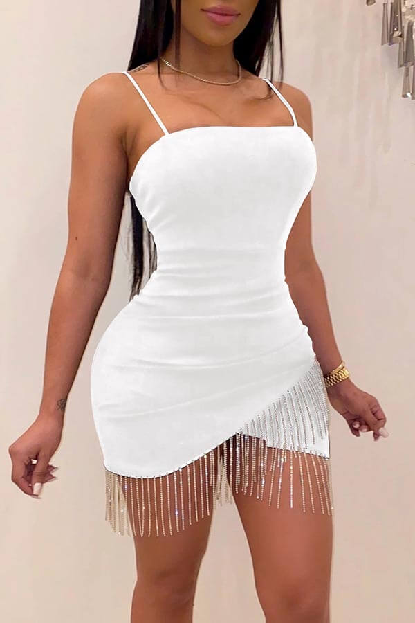 

LW Party Spaghetti Straps Tassel White Mini Dress