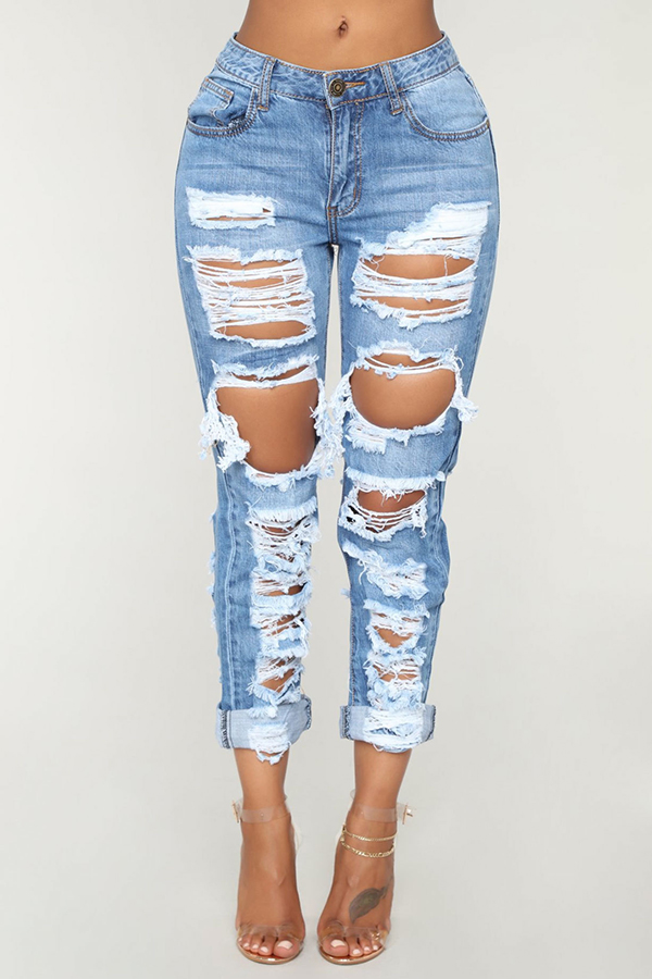 

Lovely Trendy Broken Holes Blue Jeans