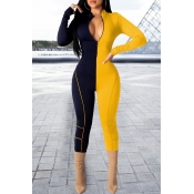 Lovely Casual Patchwork Yellow One-piece Jumpsuit