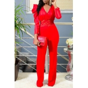 Lovely Casual Patchwork Red One-piece Jumpsuit