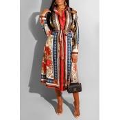 Lovely Casual Turndown Collar Print Red Mid Calf D