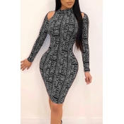 Lovely Trendy Letter Print Grey Knee Length Dress