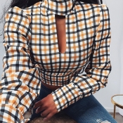 Lovely Casual Turtleneck Plaid Yellow Blouse