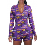 Lovely Casual Print Purple One-piece Romper