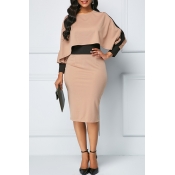 Lovely Chic Patchwork Khaki Knee Length Dress