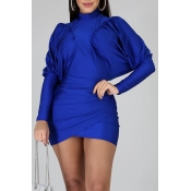 Lovely Chic O Neck Ruffle Design Blue Mini Dress