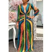 Lovely Chic V Neck Striped Multicolor Maxi Dress