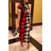Lovely Chic O Neck Plaid Print Red Mid Calf Dress