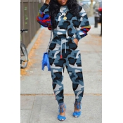 Lovely Casual O Neck Print Blue Two-piece Pants Se