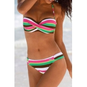 Lovely Striped Green Two-piece Swimsuit