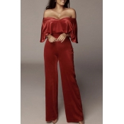 Lovely Stylish Flounce Design Red One-piece Jumpsu