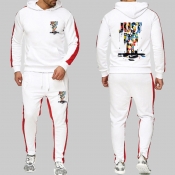 Lovely Casual Hooded Collar Print White Two-piece 