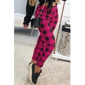 Lovely Casual Plaid Print Rose Red Pants