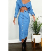 Lovely Casual Buttons Design Blue Two-piece Skirt 