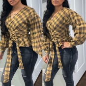 Lovely Casual Plaid Print Yellow Blouse