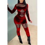 Lovely Sexy Patchwork Wine Red One-piece Jumpsuit