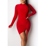 Lovely Trendy O Neck Drawstring Red Mini Dress