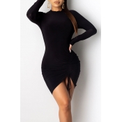 Lovely Trendy O Neck Drawstring Black Mini Dress