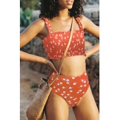 Lovely Floral Print Orange Two-piece Swimsuit