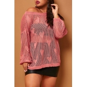 Lovely Casual O Neck Hollow-out Pink Plus Size Swe