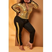 Lovely Casual Patchwork Gold Plus Size Two-piece P