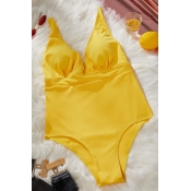 Lovely Ruffle Design Yellow One-piece Swimsuit
