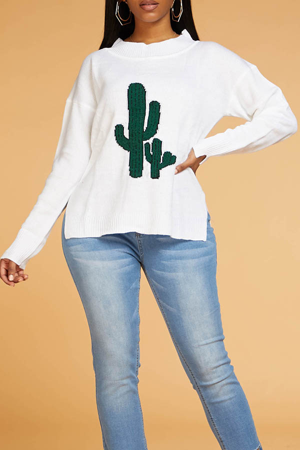 Lovely Chic Cactus Shape Design White Sweater