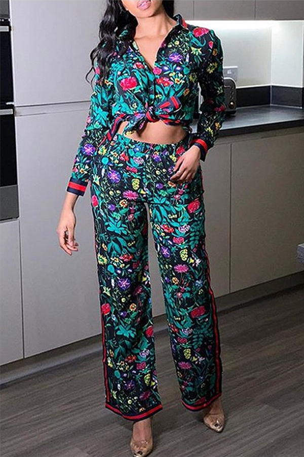 Lovely Casual Floral Print Multicolor Two-piece Pants Set