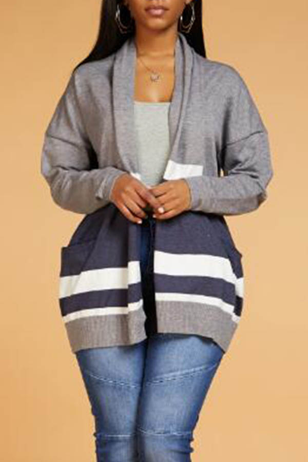 

Lovely Casual Color-lump Patchwork Grey Cardigan