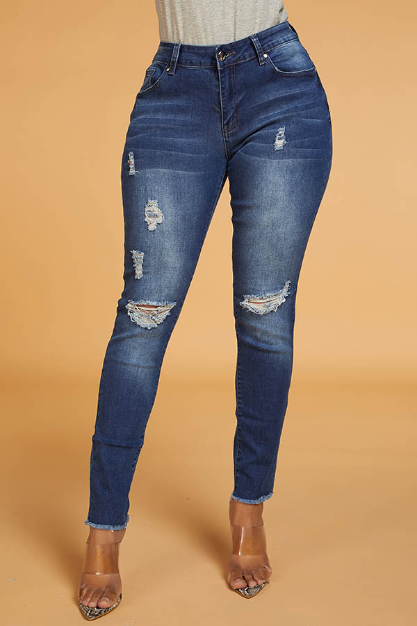 

Lovely Trendy Broken Holes Blue Jeans