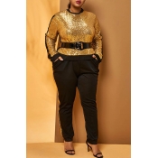 Lovely Casual Patchwork Gold  Plus Size Two-piece 