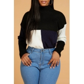 Lovely Casual Turtleneck Patchwork Deep Blue Sweat