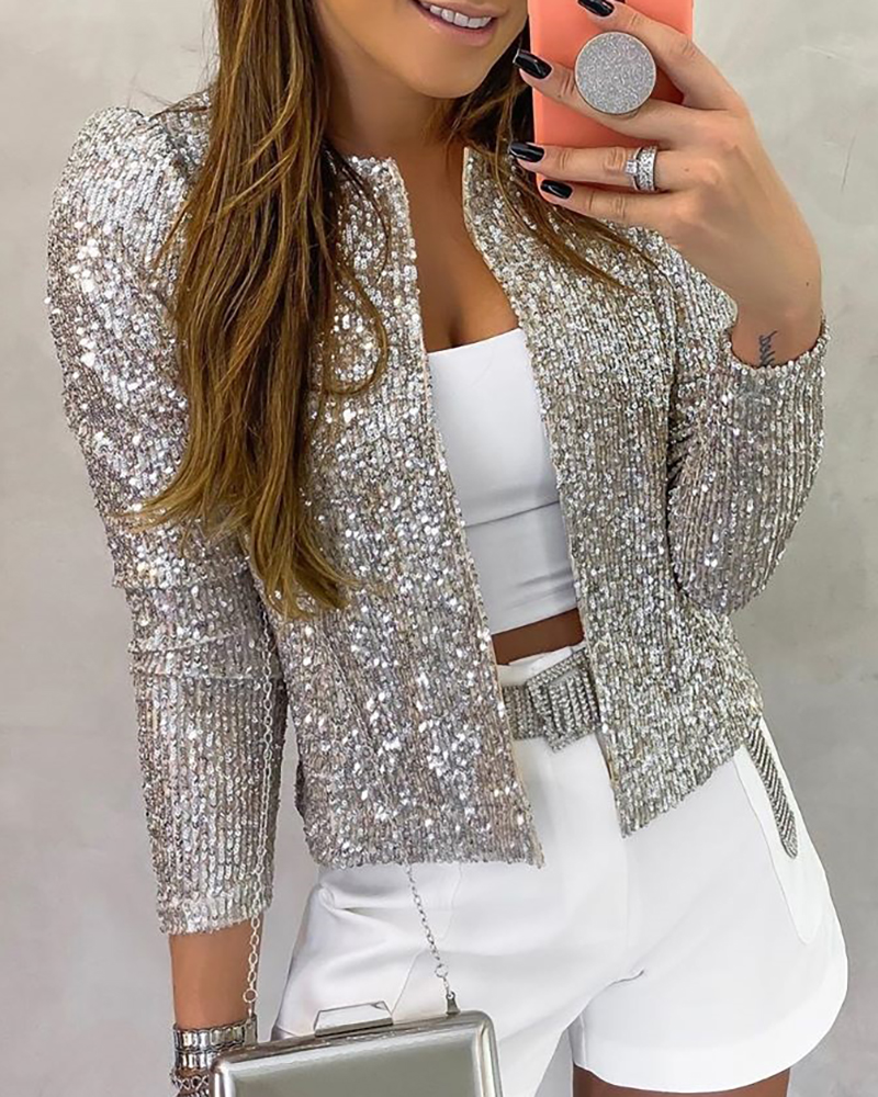 

Lovely Casual Basic Short Silver Coat