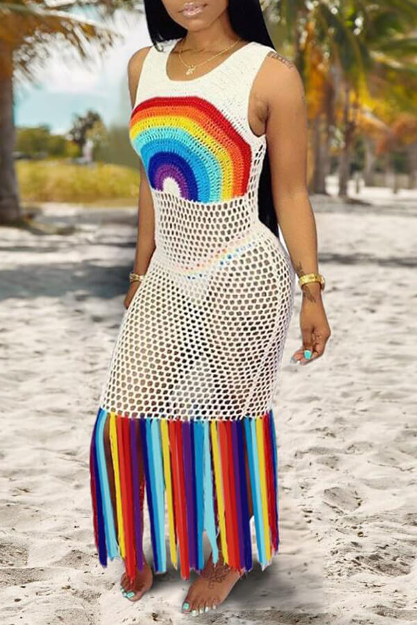 

Lovely Patchwork Tassel White Beach Dress