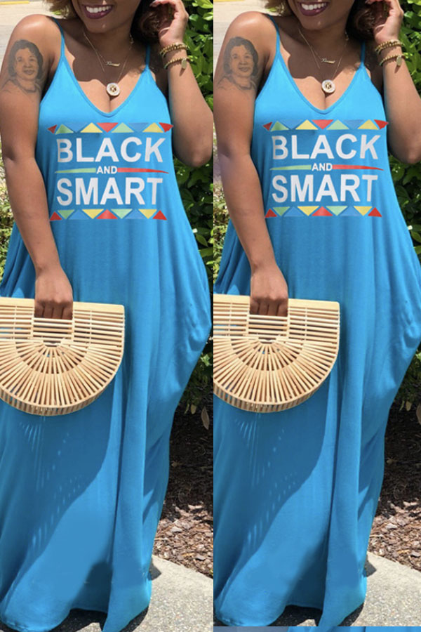 

Lovely Trendy V Neck Letter Print Blue Maxi Dress