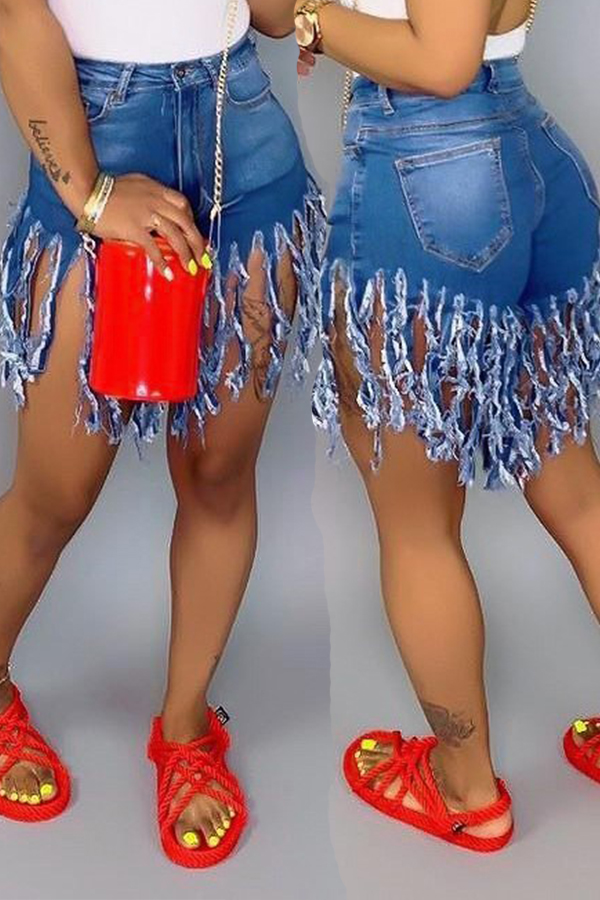 

Lovely Chic Tassel Design Blue Shorts