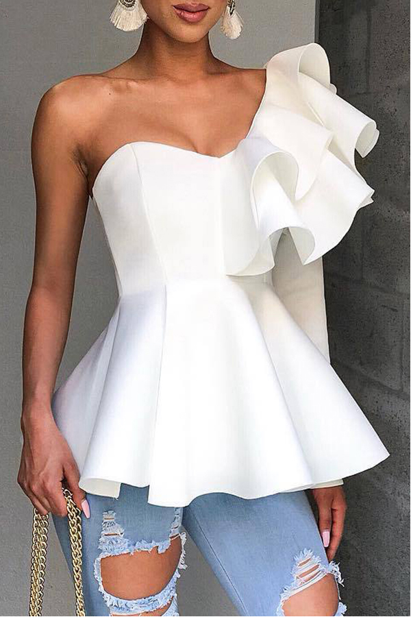 

Lovely Work One Shoulder Flounce White Blouse