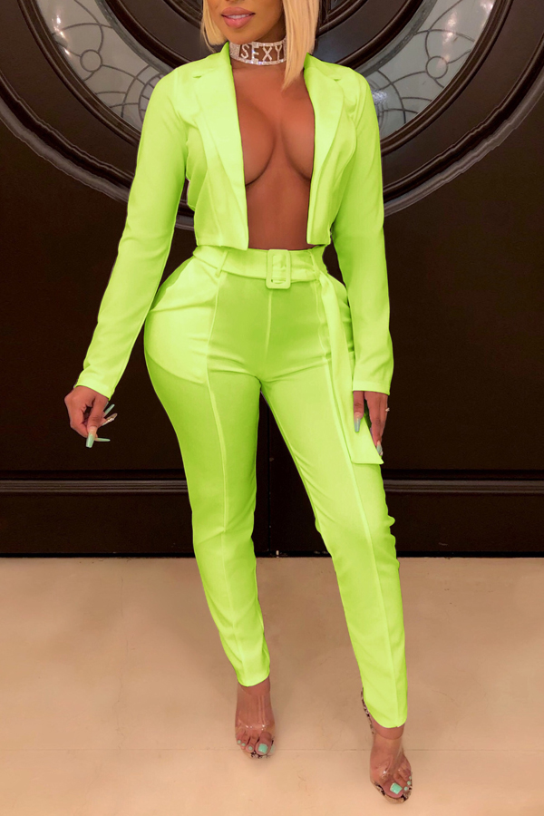Lovely Chic Lapel Green Two-piece Pants Set