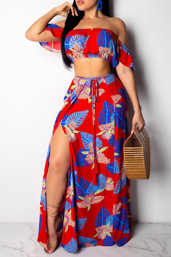 

LW Casual Floral Print Red Two-piece Skirt Set