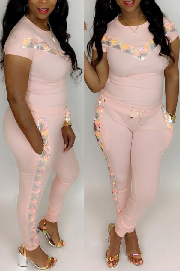 

Lovely Casual Patchwork Pink Two-piece Pants Set