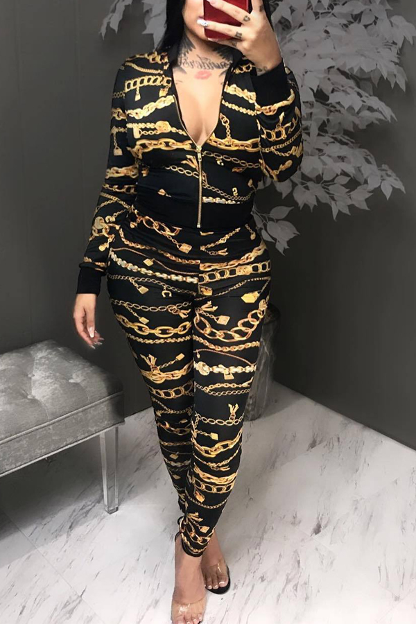 

Lovely Casual Print Zipper Design Black Two-piece Pants Set